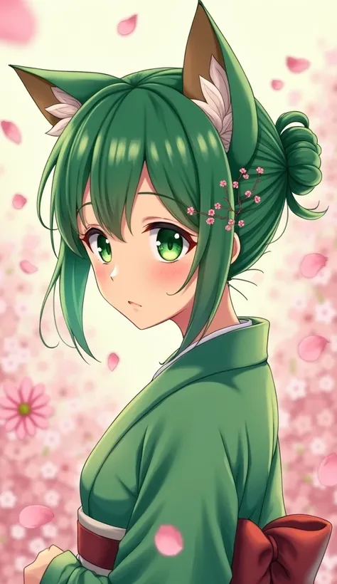 One girl, solo, High resolution, Hair color: Green、Tie your hair。Shinobu Kocho。Eye Color: Green。Cat ear。Kimono Green。anime、anime。Background petals。Hair Up。Hair ornament butterfly
