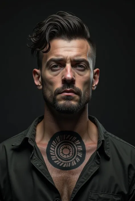 Man with a tattoo on his throat, a circle with a radius of 8 cm, all filled in black with the outer edges in gradient