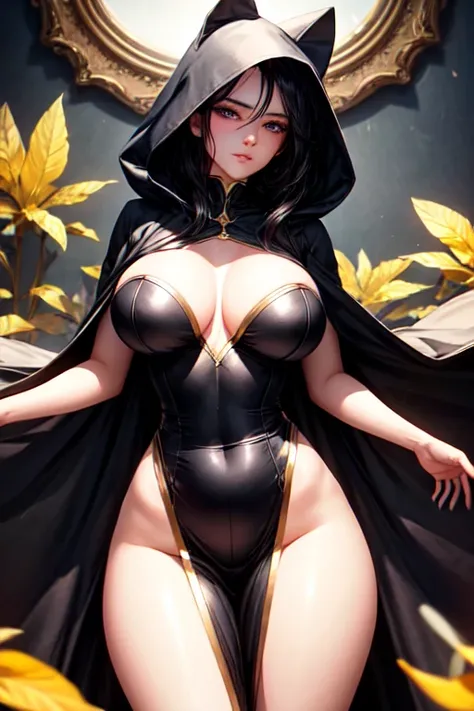 (maximum quality) (best qualityer) a young woman with black hair cascading down the middle of her back. Their eyes, however, were busy observing her attractive figure. A perfect hourglass frame with large, round breasts and wide hips was wrapped in a thin ...