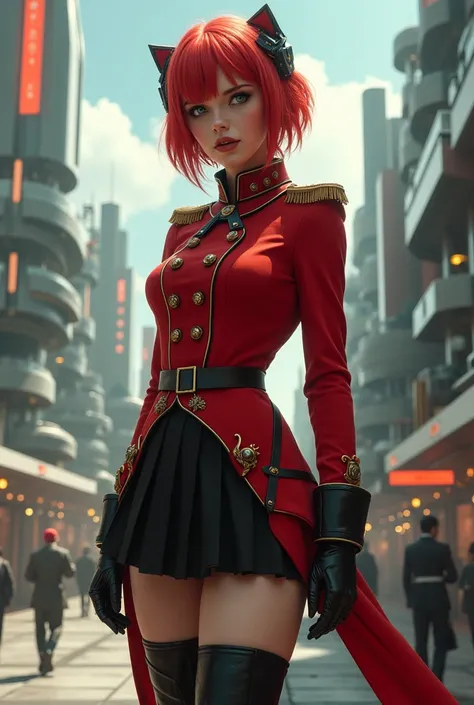 female bristish soldier. Wearing red victorian uniform with black miniskirt. Spaceport background. Red hair and green eyes, black eyeliner. Black boots.