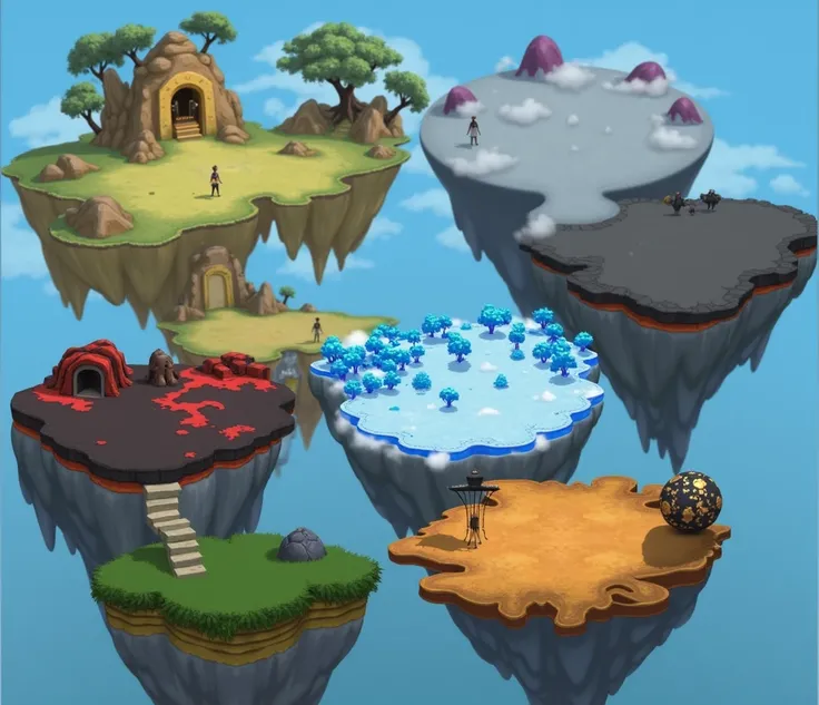 a close up of a bunch of floating islands with a ladder, floating and flying island, flying islands, flying island, isometric island in the sky, flying island in the sky, floating lands in-clouds, floating islands, painted as a game concept art, stylized g...