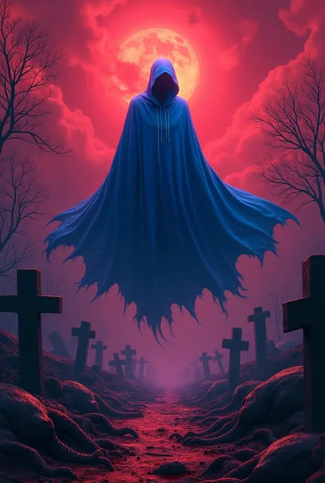 a novel illustration, horror, gore, graveyard, red sky, red clouds, ghost, Phantom, dark theme, figure in a vibrant, hyper-detailed 2D cyberpunk scene, wearing a blue cape, inspired by the Brock Hofer art style, with saturated colors, tentacles, zombies, b...