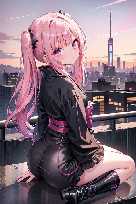 A petite girl with a Western look and beautiful features.　Painful expression　Pink hair in twin tails　Turn around、He is sitting on his butt and holding his head　Black yukata with black frills　Dark brown boots　The background is a cyberpunk cityscape