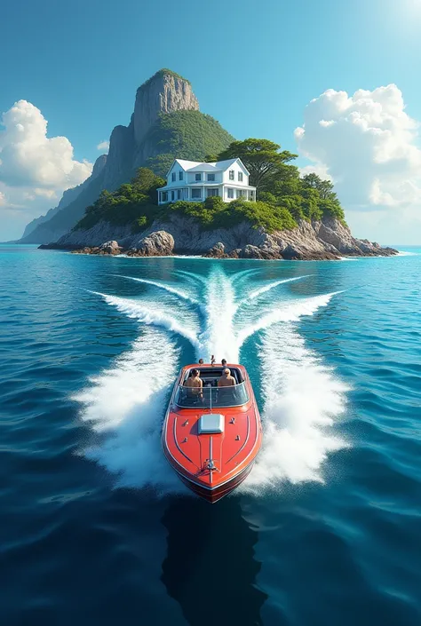 speedboat going to an island with a white house