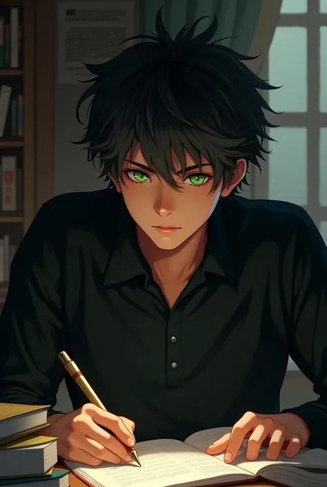 Green-eyed male student, attractive, Studying, with black clothes 