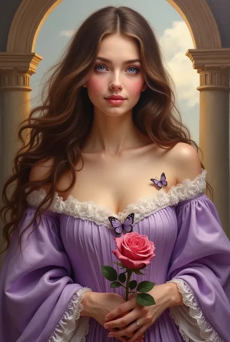 best qualityer, work of art, painting oil on canvas, (a deopt-graciedzienny painting by Crvgg, long brown hair, violet eyes), wearing a lilac colored marquise outfit, long hair, violet eyess claro, sweet and kind expression, with butterfly ornaments. holdi...