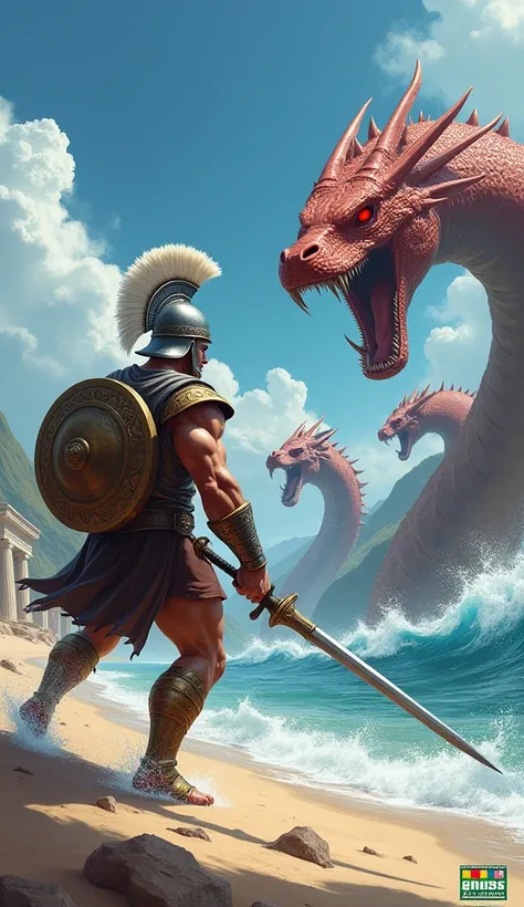 A dynamic digital artwork depicts an intense battle scene between a muscular warrior and four giant sea serpents. The warrior, positioned in the center-left foreground, is dressed in ancient Greek-style armor including a metallic gray helmet with a white p...