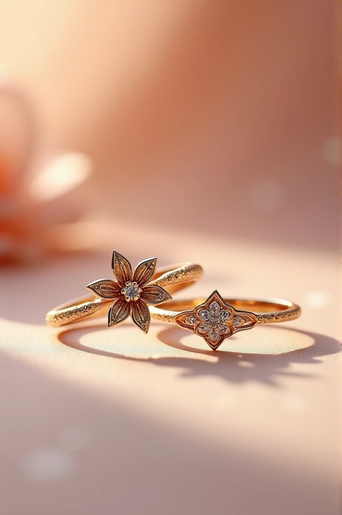 Create an image with two rings. In a ring there will be a lily flower carved on the band. In the other there will be fleurs de lis. The ring will be for a marriage proposal. So it must be thin and elegant and feminine