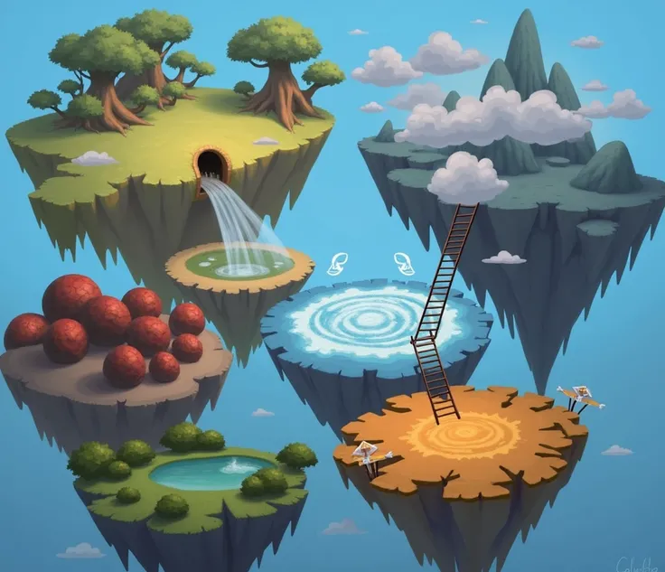 a close up of a bunch of floating islands with a ladder, floating and flying island, flying islands, flying island, isometric island in the sky, flying island in the sky, floating lands in-clouds, floating islands, painted as a game concept art, stylized g...