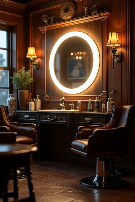 Round LED mirror in the barber shop 