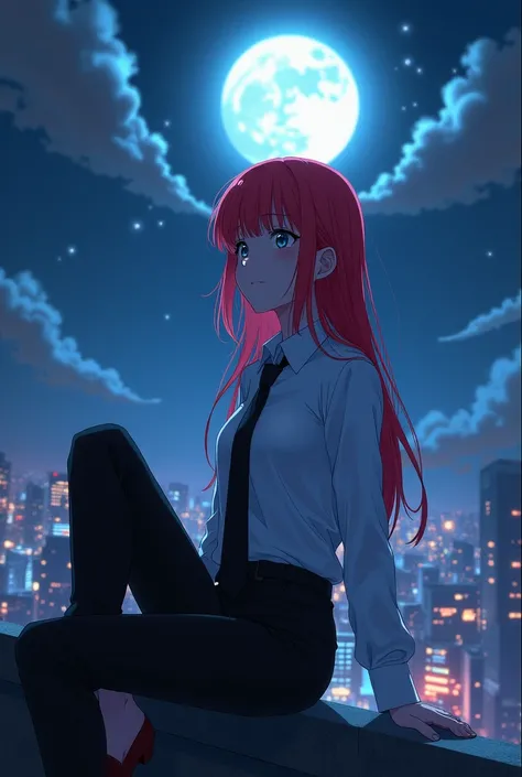 fisheye view of Makima is a anime character from chainsaw man. she has red straight hair and is wearing black trouser with a white shirt and black tie tucked inside, sitting on a ledge looking at the moon, anime art wallpaper 4k, anime art wallpaper 4 k, 4...