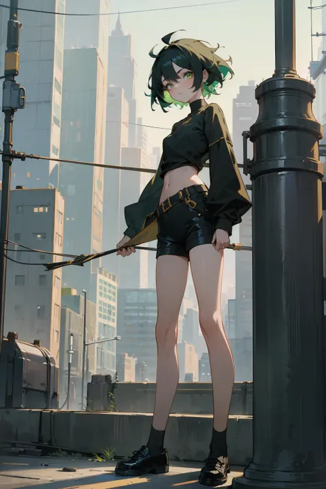 masterpiece, best quality, 1female, small boobs, black shirt, long sleeves, black shorts, black shoes, short green hair, messy hair, beautiful gold eyes, sclera, perfect face, perfect eyes, standing still, facing viewer, city background, buildings, streets...