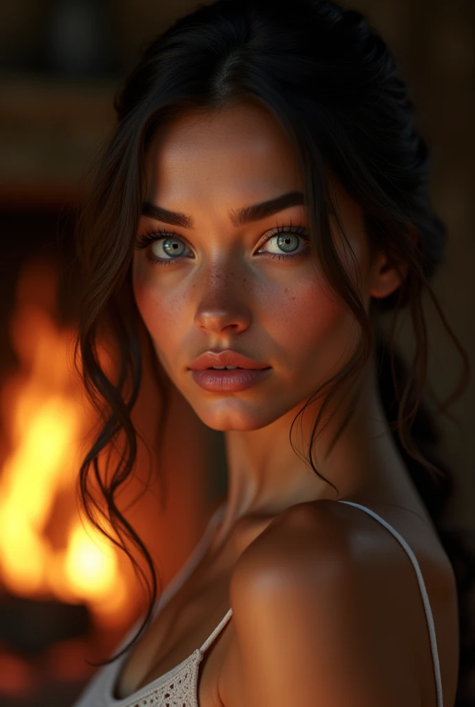 A tanned brunette with blue eyes in front of a wood fire