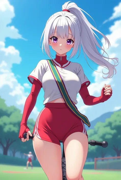 HD、Animation style、white hair 、Purple Eyes、girl、plump breasts 、High school student 、single ponytail、Baseball player、Light color short sleeve top、Long sleeve red underwear、Good shape、Thin、sash、Sky、cloud、sunny、Cycling