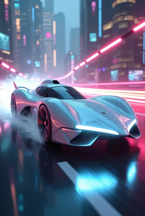 Imagine a surreal and futuristic racing scene featuring a car designed in the shape of a white wolf, embodying both the sleekness of advanced technology and the fierce spirit of the creature.The white wolf car is aerodynamic, with flowing lines that mimic ...