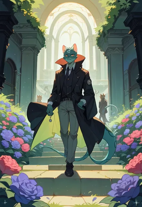 e621(best quality, high resolution, ultra-detailed)silhouett(kemono, furry anthro)holding striking pocket watch, surrounded by flowers, snakes and darkness, illustrative rendering, intricate details, mysterious atmosphere, vibrant colors, dynamic lighting ...