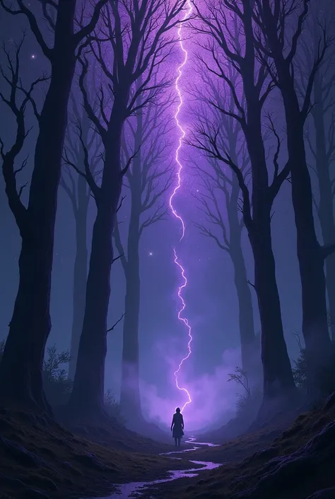 drawing of a forest with black trees at night with purple rays of light