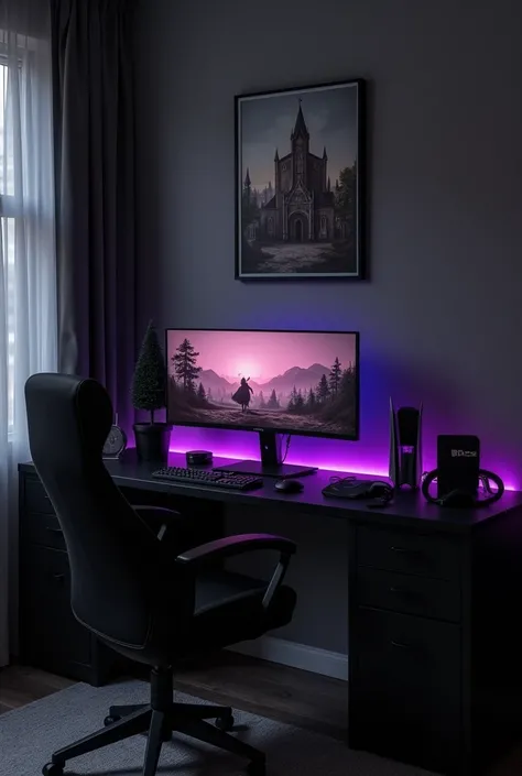 A wall painted in dark gray burnt cement. In front of the wall a black table of 1,5m wide and 0,7m deep. On the table a 34 inch monitor. In front of the monitor a black keyboard and a black mouse with, both with purple led. On the table there is also a Son...