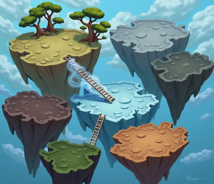 a close up of a bunch of floating islands with a ladder, floating and flying island, flying islands, flying island, isometric island in the sky, flying island in the sky, floating lands in-clouds, floating islands, painted as a game concept art, stylized g...