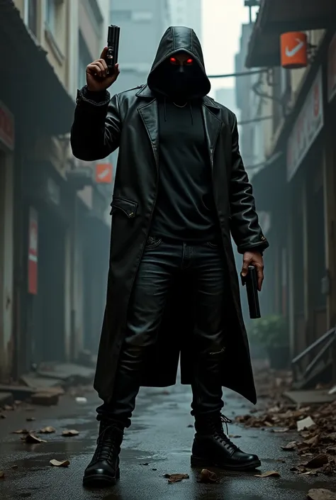 A gangster with a gun in his hand,  dressed in the central cee, with masked face, tight jeans. Showing the middle finger