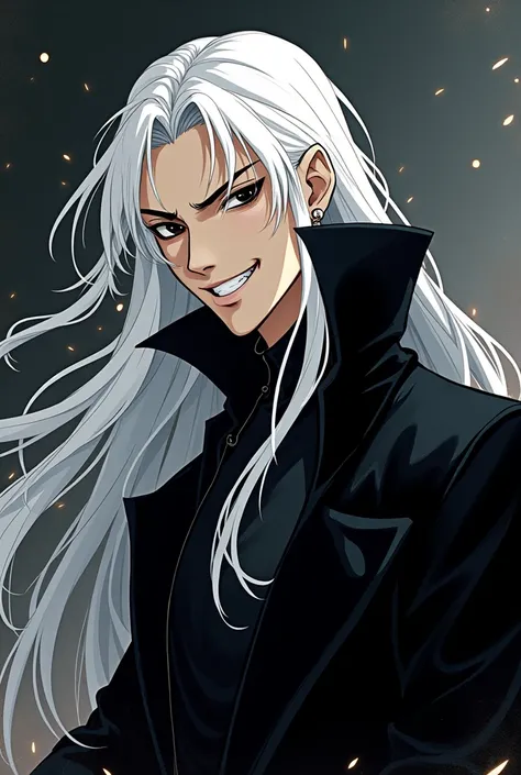 Make a murim manhwa character, with long white hair, he has black eyes,he is wearing a black cloak, he is giving an evil smile, He is a man and handsome with the appearance of a 20 year old man. I don&#39;t want a realistic character just from murim manhwa...