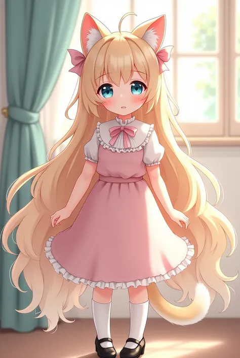 Anzu is an incredibly cute, sleepy, harmless, quiet, sweet, hot, demure, pretty and adorable morute hybrid Neko girl who has very long fluffy gorgeous very light blonde hair that goes down to her ankles, long bangs, big adorable blue eyes, small hands, whi...