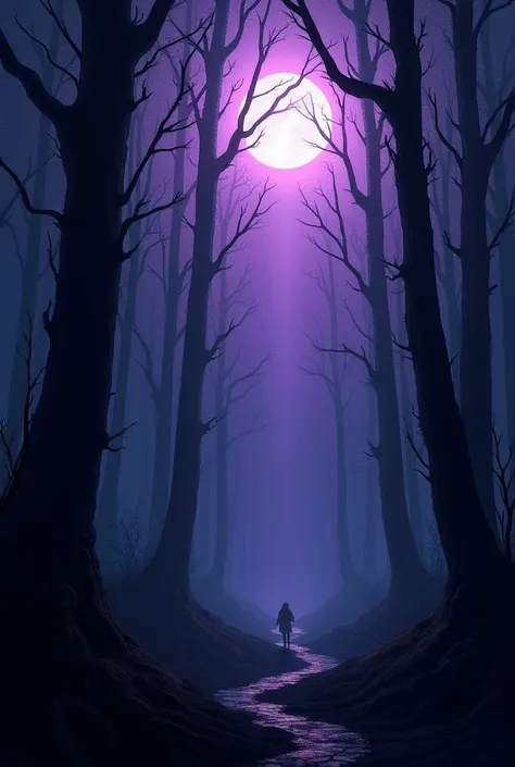 drawing of a forest with black trees at night with rays of purple moonlight