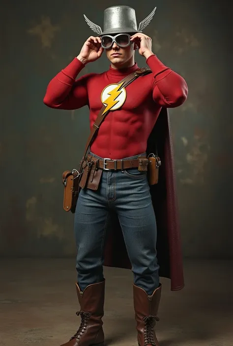 a photorealistic image of  the original Flash; Jay Garrick,  in the 1940s wearing a red shirt with a yellow lightning bolt with blue jeans and brown boots, with a tin hat with wings on each side, putting on his goggles as he gets ready for battle