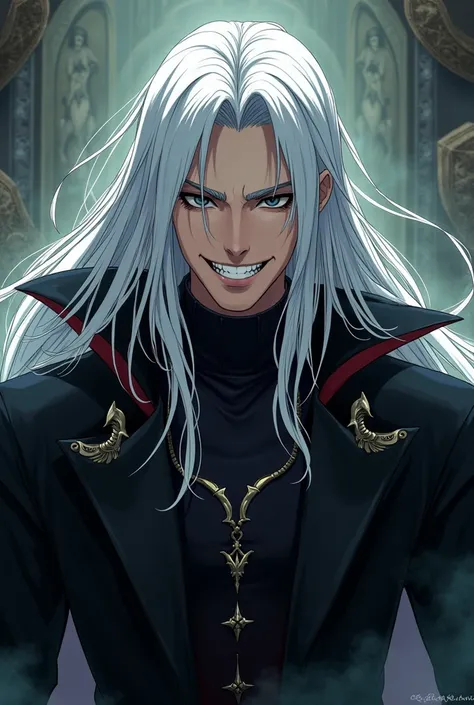 Make a murim manhwa character, with long white hair, he has black eyes,he is wearing a black cloak, he is giving an evil smile, He is a man and handsome with the appearance of a 20 year old man. I don&#39;t want a realistic character just from murim manhwa...