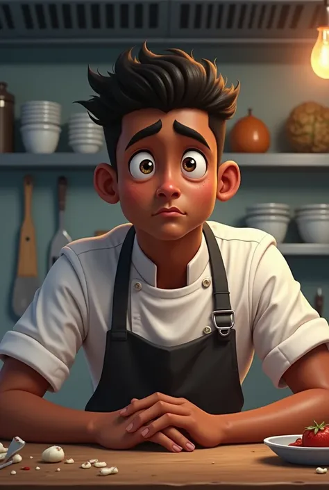 Young dark-skinned teenage man worried because he had a catastrophe in the cooking championship 