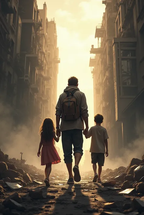 Raising a girl and a boy alone in a half-destroyed city and towards the sky there is more light and where there are large doors, and may the blood of our nation be its title 