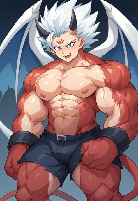 Highest quality,Based on anatomy,Huge muscles,A mix of Vegeta and Kogenta,Devils Body,Sexually attractive gestures,Shiny skin,Glowing Skin,((The moment the demon takes over your body,Enormous wings and horns growing))