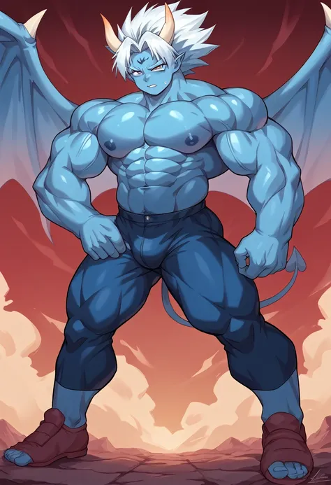 Highest quality,Based on anatomy,Huge muscles,A mix of Vegeta and Kogenta,Devils Body,Sexually attractive gestures,Shiny skin,Glowing Skin,((The moment the demon takes over your body,Enormous wings and horns growing))