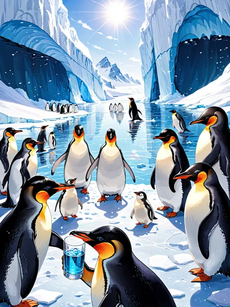 A group of penguins enjoying a Lalbil  in the Antarctic, Clinking glasses with fins. Lalbil、Let&#39;s toast together with the chibi characters