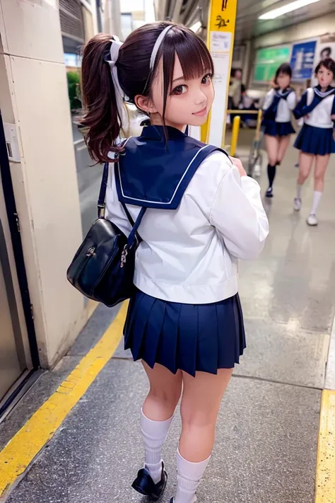 (((White student sailor uniform:1.2、Dark navy blue pleated student mini skirt、White socks)))、From behind、Rear view、1 girl、Bob Hair、High Ponytail、Student bag、Walking through a subway station、Masterpiece:1.3、Raw photo quality、Highest quality、Detailed Descrip...