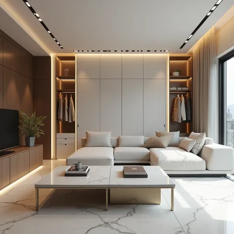 A luxurious modern interior room featuring smart furniture cabinets. The room showcases sleek, minimalist design elements with high-end materials like marble and glass. It includes smart furniture, such as a multifunctional coffee table with hidden storage...