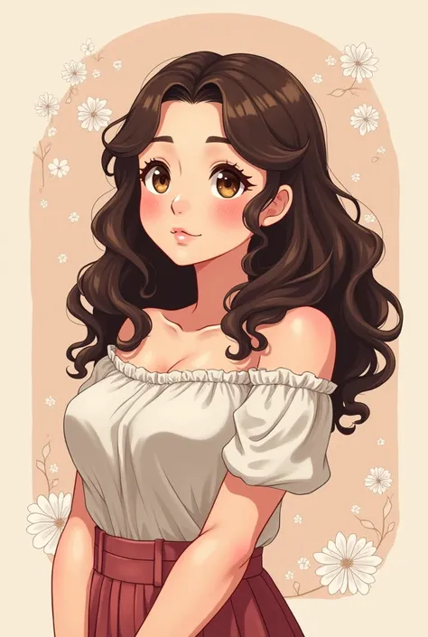 Fat anime manhwa style girl with curly brunette hair and brown eyes 