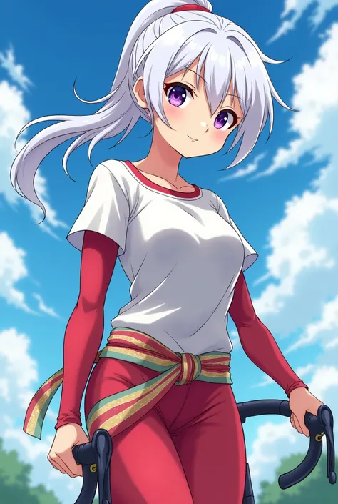 HD、Animation style、white hair 、Purple Eyes、girl、plump breasts 、High school student 、single ponytail、Baseball player、Light color short sleeve top、Long sleeve red underwear、Good shape、Thin、sash、Sky、cloud、sunny、Cycling