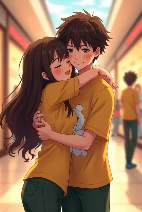 A girl hugging a boy with dark brown hair. The girl&#39;s hair is dark brown. The shirt has a white teddy bear design on it. It matches the teenage boy. The girl&#39;s hair is long. The girl is wearing dark green pants. The pants say he was also hugging de...