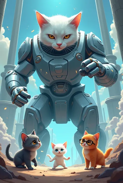 Bean, the small white kitten, uses its time-control ability to freeze the giant mechanical elder cat.

Shadow, the gray tabby, and Gingerbread, the orange kitten with glasses, work together to defeat the guardian.