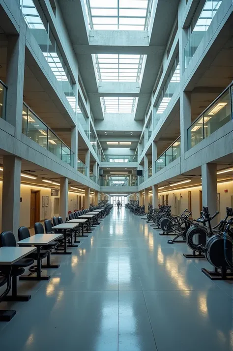 An army training center, with complete weight room, all modern, with corridors leading to classrooms with glass doors and walls on the inside and windowless concrete on the outside 