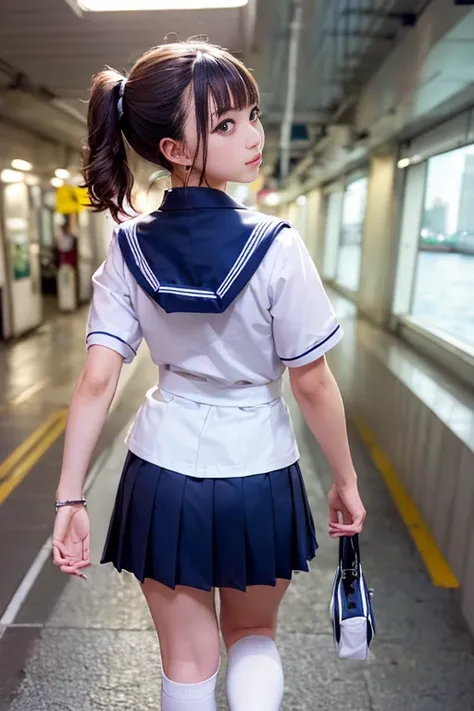 (((White student sailor uniform:1.2、Dark navy blue pleated student mini skirt、White socks)))、From behind、Rear view、1 girl、Bob Hair、High Ponytail、Student bag、Walking through a subway station、Masterpiece:1.3、Raw photo quality、Highest quality、Detailed Descrip...