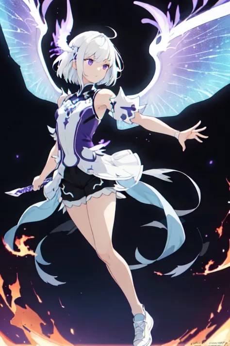 (full body:0.8),(official art), extremely delicate and beautiful, depth of field, solo, a beautiful detailed girl, solo,girl,white hair,(white (aromor:1.4)),(blue fire:1.3), (flame wings:1.3), (black shorts), (purple eyes:1.3),long hair,Metal sports shoes,...