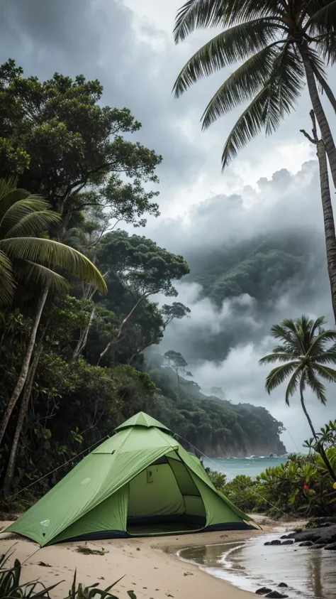 tent on beach,
tropical rain forest,
rainy day,
clouds,
fog,
wet,
sand,
tropical vegetation,
beach front,
sea view,
hdr,
high quality,
50mm f/2,