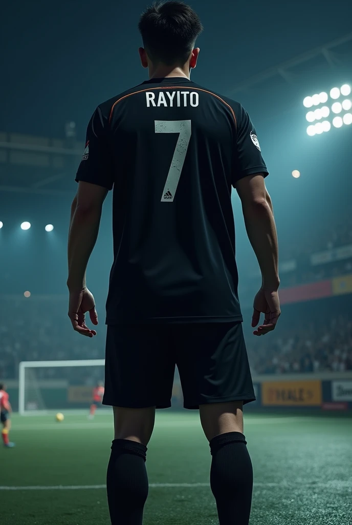 A soccer player with the number 7 on his back and with the name Rayito wearing a black shirt who is young, like , and who weighs 80kg on a futsal court at night