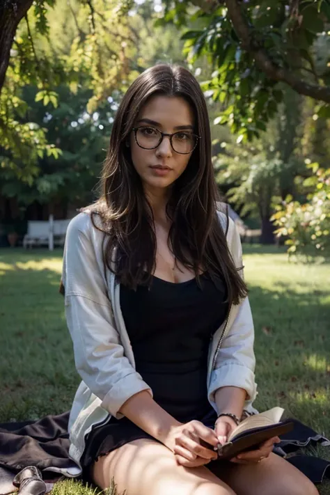 a young brunette woman wearing glasses, sitting on the grass reading a book, realistic, photorealistic, photo-realistic:1.37, best quality,4k,8k,highres,masterpiece:1.2,ultra-detailed,realistic portrait,detailed facial features,beautiful detailed eyes,beau...