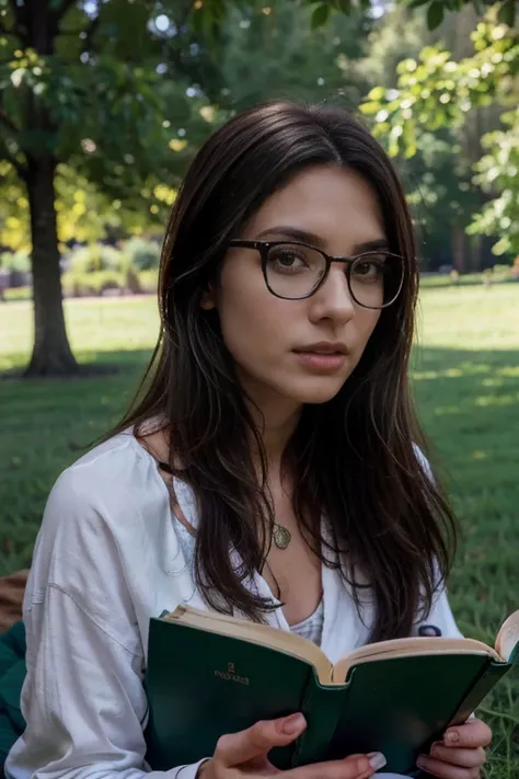 a young brunette woman wearing glasses, sitting on the grass reading a book, realistic, photorealistic, photo-realistic:1.37, best quality,4k,8k,highres,masterpiece:1.2,ultra-detailed,realistic portrait,detailed facial features,beautiful detailed eyes,beau...