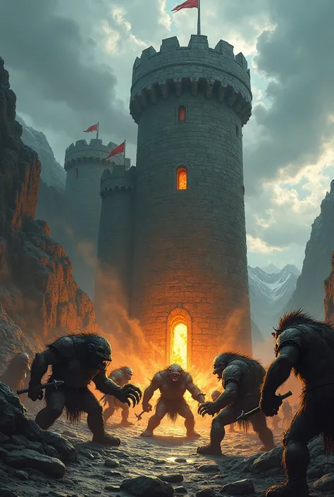 Trolls trying to attack a tower , fire illustration