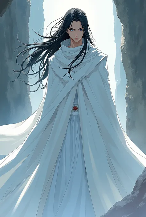 Make a murim manhwa character, with long black hair, he has white eyes, He is wearing a white cloak that covers his entire body, He is a man and handsome with the appearance of a 20 year old man. I don&#39;t want a realistic character just from murim manhw...