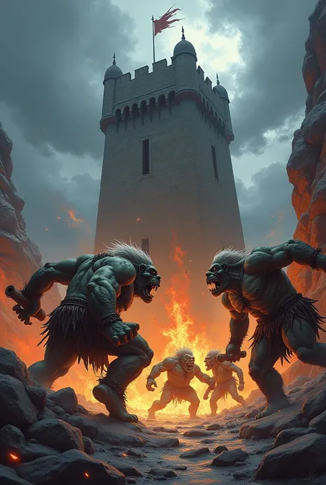 Trolls trying to attack a tower , fire illustration